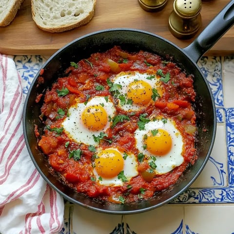 Une poêle remplie d'une shakshuka avec trois œufs pochés dans une sauce tomate épicée, garnie de persil frais, sur une table carrelée colorée avec du pain en arrière-plan.