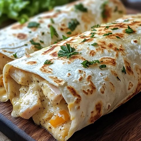 Deux wraps bien garnis avec une farce crémeuse de poulet et légumes, posés sur une planche en bois.