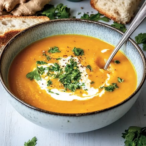Une assiette de soupe orange crémeuse, garnie de coriandre fraîche et de crème, accompagnée de tranches de pain et de gingembre.