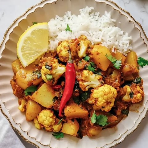 Plat avec du curry de chou-fleur et pommes de terre, décoré de coriandre fraîche, un piment rouge, une tranche de citron, et accompagné de riz.