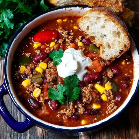 Un bol de chili copieux, garni de crème aigre et de feuilles de coriandre fraîche, à côté d'une tranche de pain grillé.