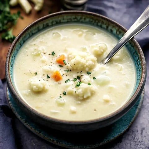 Un bol de velouté de chou-fleur, garni d'herbes fraîches et de petits morceaux de carottes et chou-fleur.
