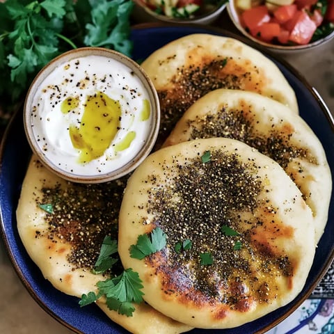 Une assiette comprenant trois pains plats dorés, parsemés de poivre et servis avec un bol de yaourt garni d'huile d'olive et d'épices.