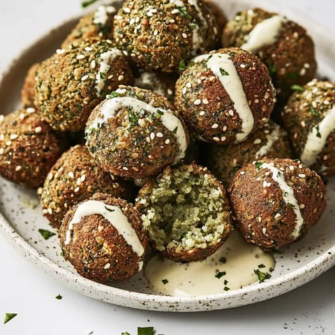 Un plat garni de boulettes de falafels dorées et parsemées de sésame, avec certaines nappées de sauce moutarde et une à moitié coupée.