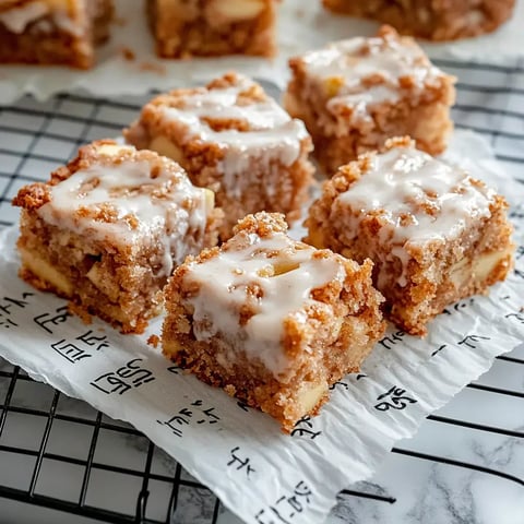 Cinq parts carrées de gâteau aux pommes avec glaçage sucré posées sur une grille.