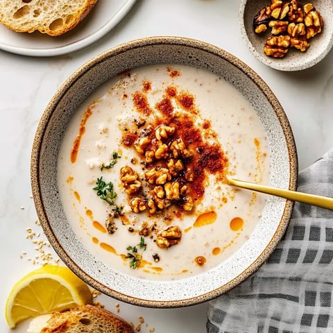 Un bol de soupe crémeuse, garni de noix, d'épices, d'huile d'olive et d'herbes fraîches, à côté d'une tranche de citron et de tranches de pain.