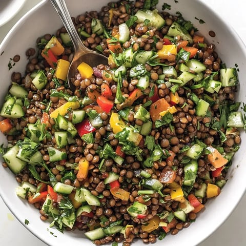 Un mélange coloré de salade de lentilles avec légumes frais et herbes.