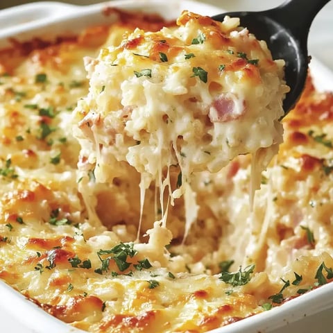 Une cuillère prend un morceau de gratin crémeux, avec un dessus doré au fromage et garni de persil.