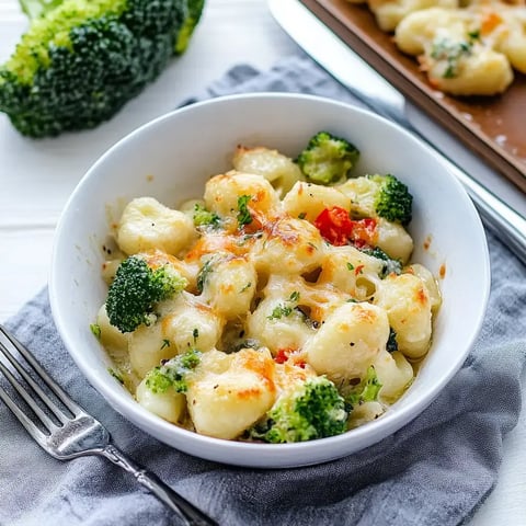 Un bol de gnocchi et brocoli gratinés, garni de fromage et d'herbes fraîches.