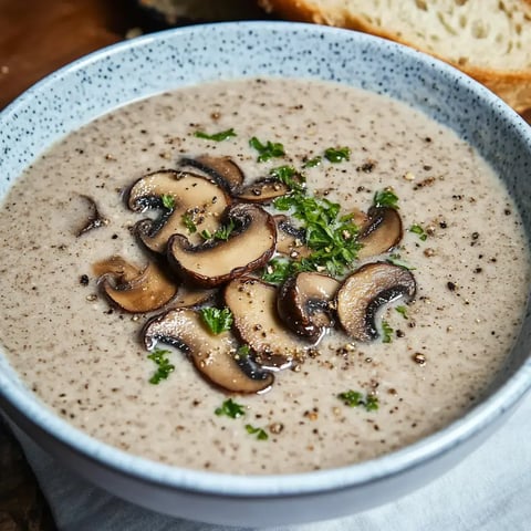 Un bol de velouté de champignons garni de champignons poêlés, herbes fraîches et poivre.