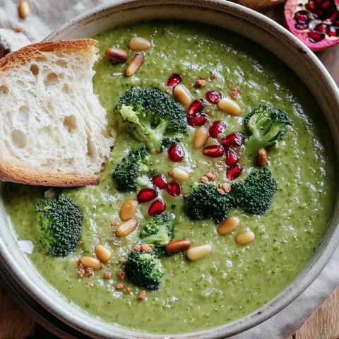 Un bol de soupe onctueuse au brocoli, garni de pignons et graines de grenade, accompagné d'un morceau de pain.