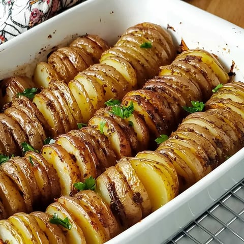 Un plat de pommes de terre dorées en éventail, garnies de persil frais.