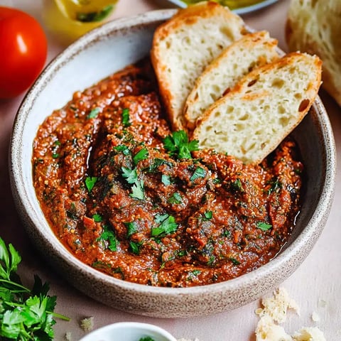 Un bol de dip de tomates savoureux, garni de persil frais, avec trois tranches de pain et quelques ingrédients en arrière-plan.