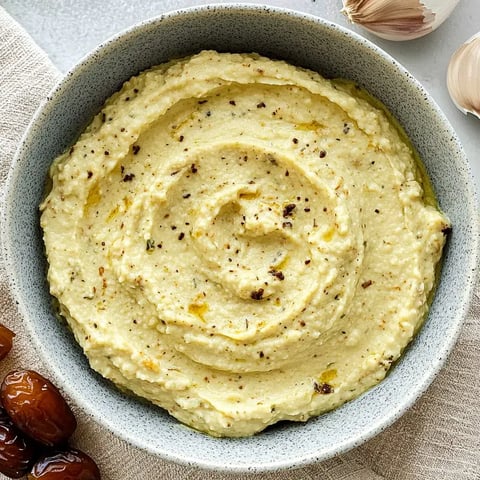 Un bol de houmous crémeux, garni d'herbes et entouré de quelques dattes et gousses d'ail.