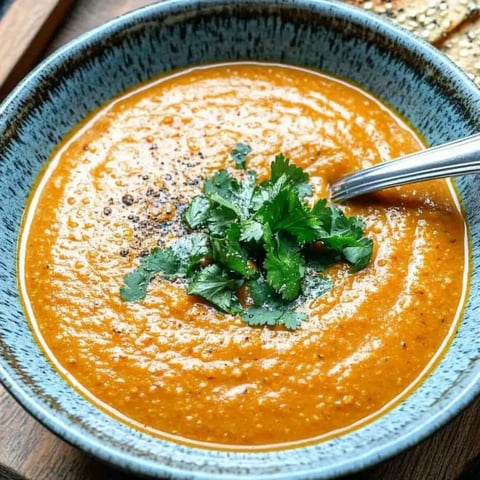 Une soupe crémeuse orange garnie de coriandre fraîche et grains de poivre noir dans un bol bleu.