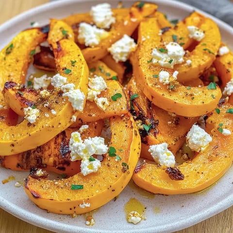 Des tranches de courge rôtie au four garnies de feta et d'herbes fraîches.