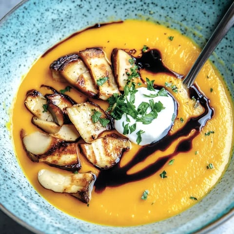 Un bol de velouté de carottes onctueux, garni de champignons grillés, d'une touche de crème fraîche et d'un filet de réduction balsamique.