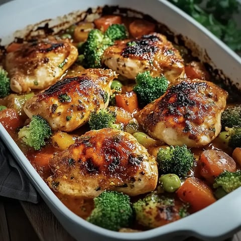 L'image montre un plat avec des cuisses de poulet marinées, entourées de légumes colorés comme le brocoli, les carottes et les petits pois dans un plat à gratin.