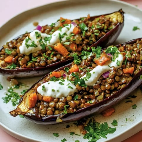 Aubergines rôties avec une garniture de Linsen épicées, légume et une sauce maison, parsemées de persil frais.