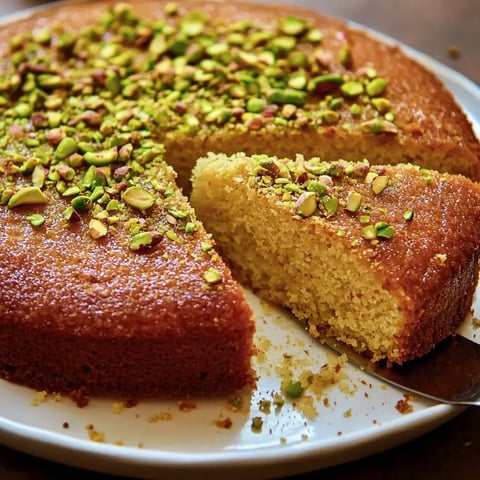 Un gâteau rond avec éclats de pistaches dont une tranche a été retirée, placé sur une assiette blanche.