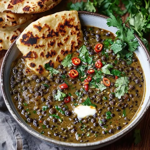 Un bol de lentilles Dal avec coriandre fraîche, piments rouges et un morceau de pain.