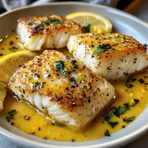 Poisson grillé avec rondelles de citron et herbes dans une sauce crémeuse sur une assiette.