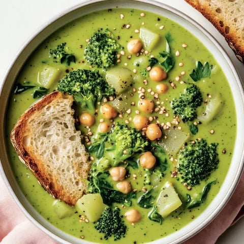 Un bol de soupe verte aux légumes contenant du brocoli, des pommes de terre, des pois chiches et un morceau de pain grillé.