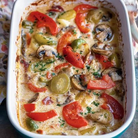 Un gratin crémeux, décoré de légumes rouges, verts, et de champignons, parsemé de fines herbes fraîches.