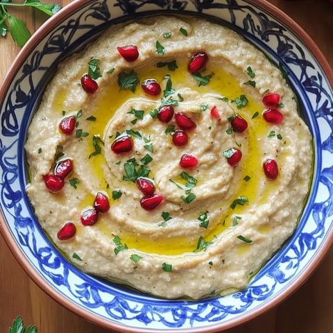 Une belle assiette de houmous, garnie de graines de grenade, de persil frais et d'huile d'olive, sur une vaisselle décorative.