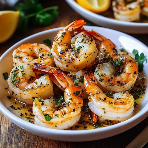 Une assiette de crevettes cuites, garnies d'herbes et de citron.