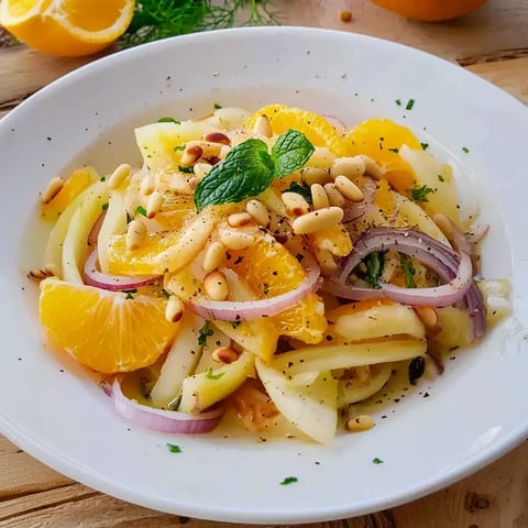 Un bol blanc rempli de salade fraîche avec des oranges, du fenouil, des oignons rouges et des pignons, décoré de menthe fraîche.