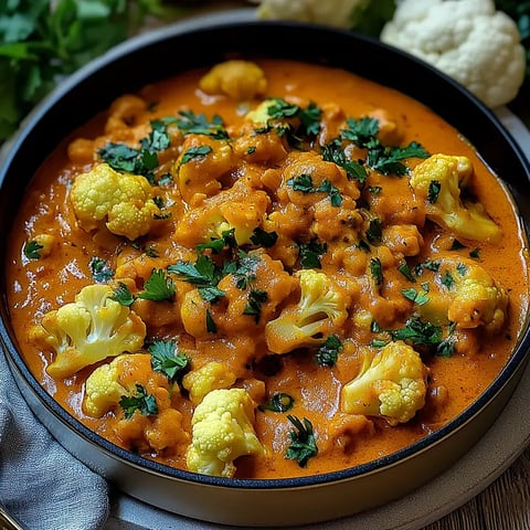 Un plat de chou-fleur dans une sauce crémeuse orangée, garni de coriandre fraîche.