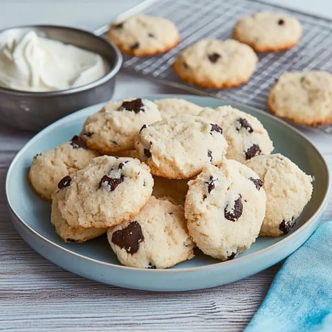 Une assiette de biscuits fraîchement cuits avec des morceaux de chocolat et un bol de crème en arrière-plan.