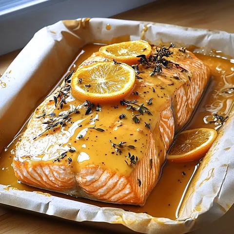 Un filet de saumon avec un glaçage miel-citron, garni d'herbes fraîches et de tranches d'orange, posé dans un plat à four.