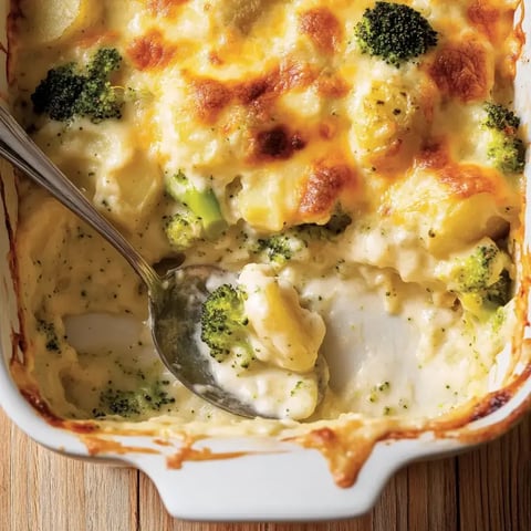 Un gratin de brocolis et pommes de terre dans une sauce crémeuse, gratiné avec du fromage.