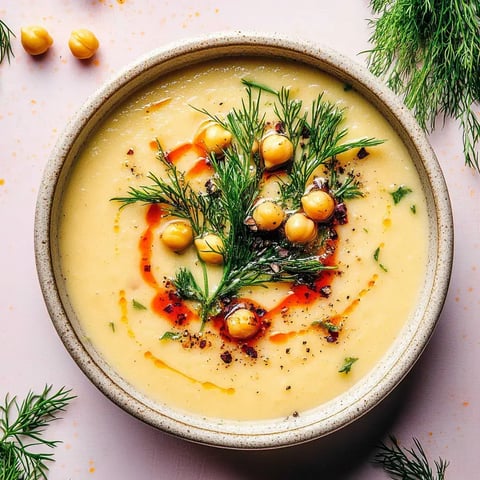 Un bol de velouté crémeux garni de pois chiches, d'aneth frais, d'épices et d'un filet de sauce rouge à la surface.