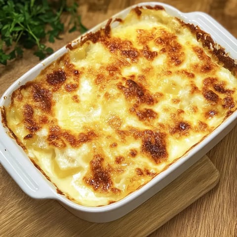 Un gratin doré et croustillant dans un plat blanc sur une table en bois.
