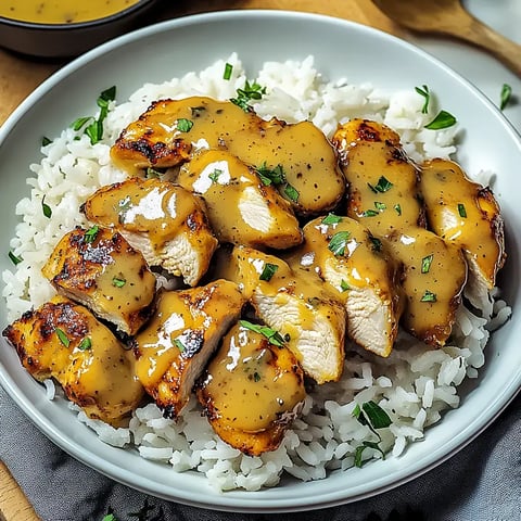 Une assiette de poulet grillé tranché dans une sauce crémeuse, servi sur un lit de riz blanc et garni d'herbes fraîches.