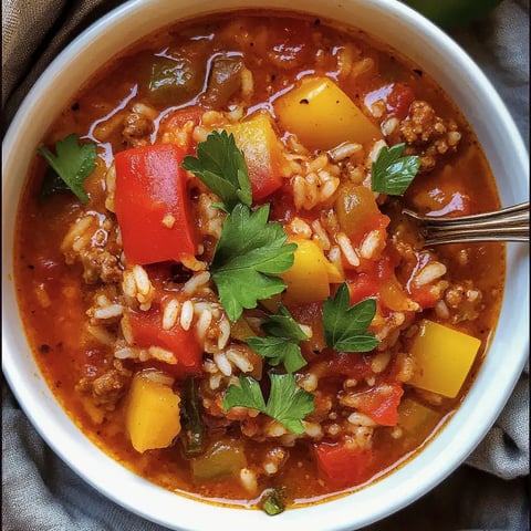 Un bol de potage copieux rempli de riz, viande hachée, légumes colorés et persil frais.