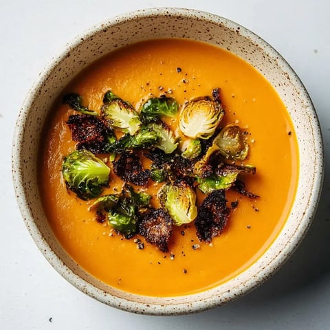 Un bol de velouté onctueux de courge garni de morceaux de chou de Bruxelles rôtis et de poivre noir.