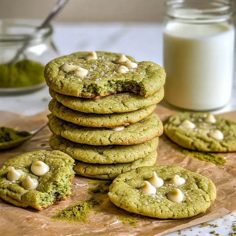 Une pile de biscuits verts avec des morceaux de chocolat blanc et un verre de lait en arrière-plan.