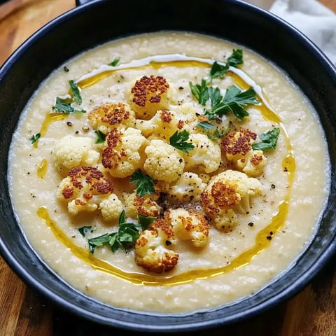 Bol de soupe crémeuse accompagnée de morceaux de chou-fleur grillés, de persil frais et d'un filet d'huile d'olive.