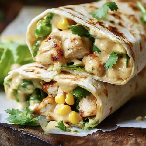 Deux tortillas garnies de poulet grillé, légumes frais, coriandre et sauce crémeuse.