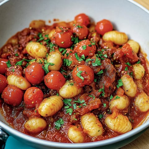 Une assiette de gnocchi dans une sauce tomate, garnie de coriandre fraîche et tomates cerises rouges.