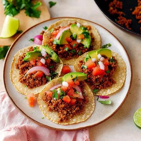 Une assiette avec plusieurs tacos garnis de viande épicée, tomates fraîches, avocat, oignons et coriandre.