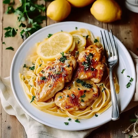 Une assiette de poulet poêlé sur fettuccine, garnie de tranches de citron et de persil frais.