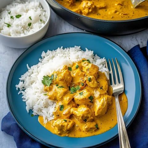 Une assiette de riz avec du poulet dans une sauce jaune, garnie de coriandre fraîche.