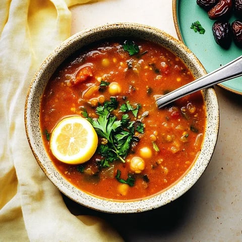 Un bol de soupe épicée aux lentilles, garnie de coriandre fraîche et d'une tranche de citron, posé sur une table à côté d'un petit bol de dattes.