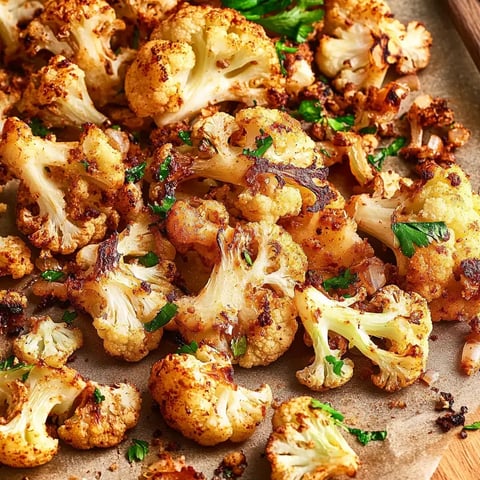 Morceaux de chou-fleur rôtis, garnis d'herbes fraîches, sur une plaque de cuisson.