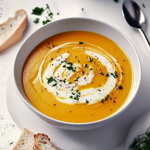Un bol de velouté de potiron garni de crème, herbes fraîches et poivre, accompagné d'un morceau de pain.